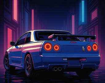 Op de afbeelding: Illustratie van een blauwe sportwagen met de tekst "R34" erboven. De auto heeft een achterspoiler en ronde achterlichten. De achtergrond heeft neonlichten in roze en blauw, wat een retro esthetiek creëert.