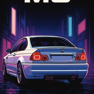 May include: Stylized illustration of a blue BMW M3 coupe, viewed from the rear, set against a neon-lit cityscape. The car's details are highlighted with a stylized design, with the text "M3" at the top.