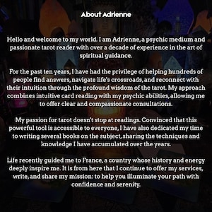 May include: Text overlay on a dark background reads "About Adrienne." The text below describes Adrienne as a psychic medium and tarot reader with over a decade of experience, offering spiritual guidance and consultations.