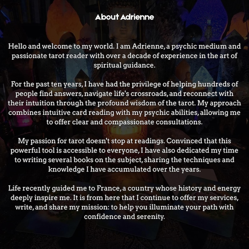 May include: Text overlay on a dark background reads "About Adrienne." The text below describes Adrienne as a psychic medium and tarot reader with over a decade of experience, offering spiritual guidance and consultations.