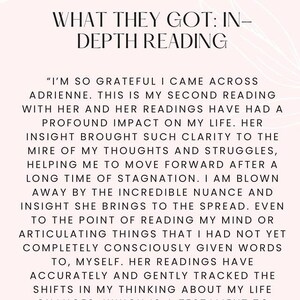 May include: A light pink graphic with the word "REVIEWS" at the top, followed by "WHAT THEY GOT: IN-DEPTH READING." Below is a customer review about a reading service, praising the clarity and insight.