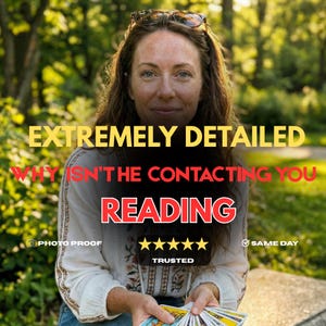 May include: A person wearing a white long-sleeved shirt with floral embroidery holding tarot cards. Text overlay reads: EXTREMELY DETAILED WHY ISN'T HE CONTACTING YOU READING, PHOTO PROOF, five stars, TRUSTED, and SAME DAY.
