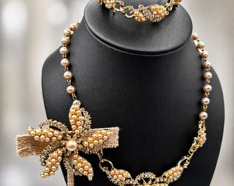 Vintage Faux Pearl Rhinestone Necklace Bracelet Brooch Set | Gold Tone Floral Jewelry Set | Statement Wedding Jewelry | Mid Century Style