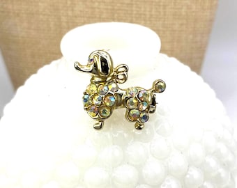 Vintage Rhinestone Poodle Brooch | 1950s Aurora Borealis Dog Pin