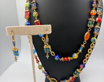 SR USA Millefiori Glass Bead Necklace Earrings Set, Venetian Style, Gold Tone Statement