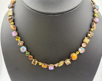 Vintage Sorrelli Necklace, Olive Green Lavender & Amber Rhinestone Collar Necklace, Antiqued Brass Crystal Statement Jewelry