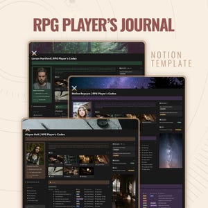 Puede incluir: Una plantilla digital de Notion para el diario de un jugador de rol (RPG), con tres diseños diferentes de códices de personajes. El texto "RPG Player's Journal" y "Notion Template" se muestran en la parte superior. Cada códice incluye un retrato y varias secciones.