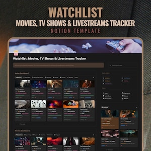 Könnte beinhalten: Eine digitale Notion-Vorlagenoberfläche mit dem Titel Watchlist: Movies, TV Shows & Livestreams Tracker. Das dunkel gestaltete Dashboard enthält eine Übersicht für Serien und Filme mit Vorschaubildern, Status-Tags und einem Seitenmenü.
