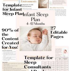Könnte beinhalten: Eine Vorlage für einen Schlafplan für Säuglinge, entworfen für Schlafberater und Doulas. Das Bild zeigt ein schlafendes Baby sowie Text über sichere Schlafumgebungen und einen 4-12-Monate-Schlafplan. Die Vorlage enthält 27 bearbeitbare Seiten.