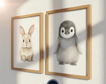 Akwarelowe wydruki do pokoju dziecięcego ze zwierzętami | Sztuka ścienna z leśnymi stworzeniami safari (do pobrania w wersji cyfrowej)