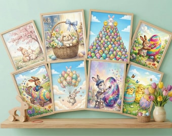 Wydruki artystyczne z wielkanocnym króliczkiem | Wiosenny zestaw ścienny do pokoju dziecięcego (do pobrania cyfrowego)