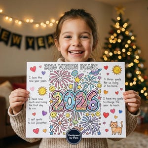 May include: A young person holds a colorful 2026 Vision Board with fireworks, hearts, and sun illustrations. The board includes text about goals and aspirations for the new year. The background features a Christmas tree and festive lights.