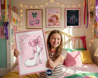 Zestaw grafik ściennych „Coquette” | Różowe kokardki z wiśniowymi kulami dyskotekowymi (do pobrania cyfrowego)