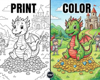 May include: A colouring page showing a dragon on a pile of gold coins and gems, with knights and a castle. The word "PRINT" is at the top. The coloured version shows a green dragon. The word "COLOR" is at the top.