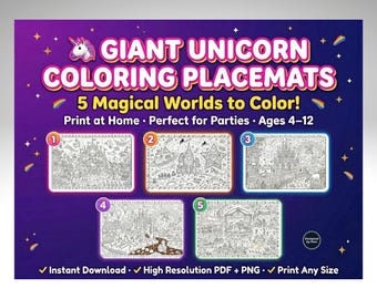 Gigantyczne podkładki do kolorowania z jednorożcem | 5 magicznych arkuszy aktywności (do pobrania w wersji cyfrowej)