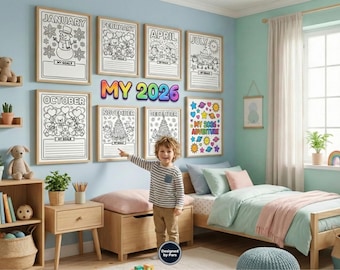 Kalendarz do kolorowania dla dzieci na rok 2026 | Miesięczny zeszyt ćwiczeń do wyznaczania celów (wersja cyfrowa do pobrania)