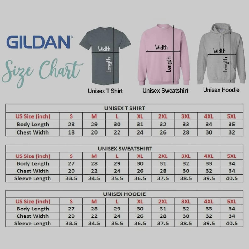 Peut inclure: Tableau des tailles Gildan pour t-shirts, sweats et hoodies unisexes. Le tableau affiche les mesures de longueur du corps, de largeur de poitrine et de longueur de manche en cm pour les tailles S &agrave; 5XL. Comprend un t-shirt gris, un sweat rose et un hoodie gris.
