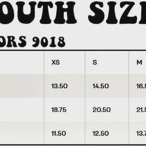 Peut inclure: Tableau des tailles de v&ecirc;tements pour jeunes, avec des mesures en pouces. Les tailles vont de XS &agrave; XL, indiquant la largeur, la longueur et la longueur des manches depuis le centre du dos. Le tableau est intitul&eacute; "YOUTH SIZE" et "COMFORT COLORS 9018".
