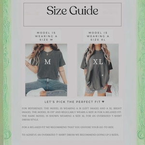 Peut inclure: Guide des tailles avec deux mod&egrave;les portant des t-shirts, l'un taille M et l'autre XL. Le texte dit "Choisissons la taille parfaite." Le guide donne des recommandations de tailles pour une coupe d&eacute;contract&eacute;e et une robe t-shirt oversize.