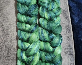 Hand Dyed Merino/Silk Blend, Combed Top, 'Rolling in the Green'