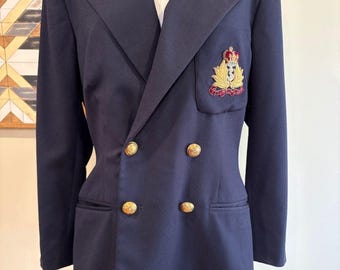 Vintage Ralph Lauren Navy Wool Double-Breasted Crest Logo Blazer size 10