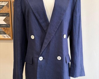 Vintage Ralph Lauren Blue Label 80s Navy Linen Double-Breasted Blazer size 10
