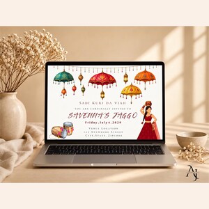 May include: A laptop screen displaying a digital invitation for Savenna's Jaggo on Friday, July 4, 2029. The design features watercolor illustrations of colorful umbrellas, hanging lanterns, two drums, and a person in a red dress carrying a pot.