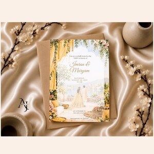 A wedding invitation template tucked inside a kraft brown envelope on a satin fabric background, styled with ceramic vases and white blossom branches.