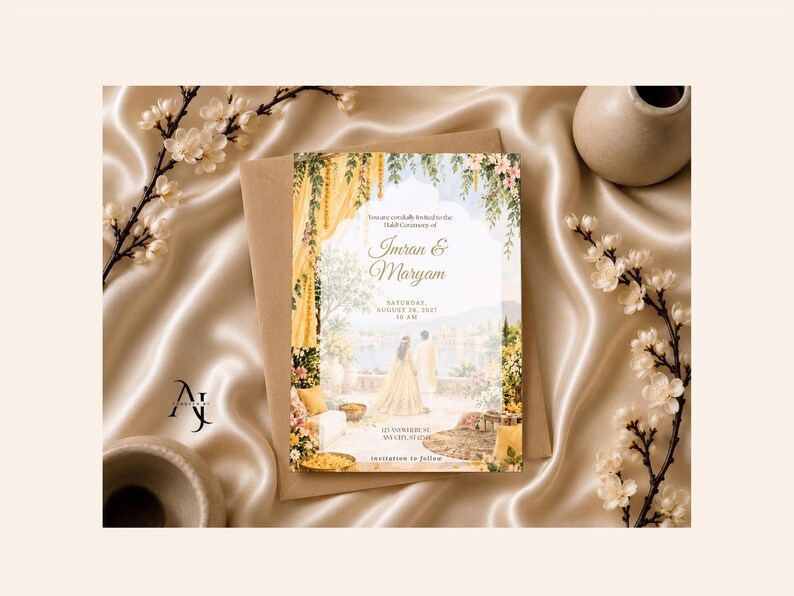 A wedding invitation template tucked inside a kraft brown envelope on a satin fabric background, styled with ceramic vases and white blossom branches.