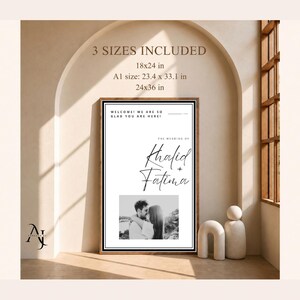 A mock-up of the Khalid and Fatima wedding welcome sign inside a room with arched architectural features and three sizes listed above.