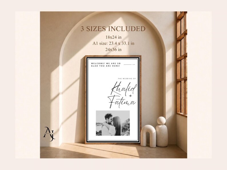 A mock-up of the Khalid and Fatima wedding welcome sign inside a room with arched architectural features and three sizes listed above.