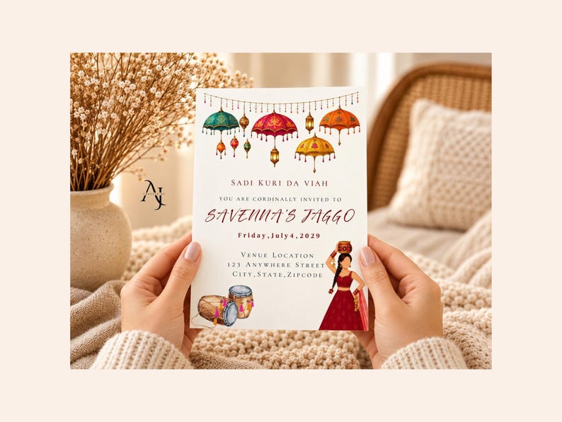 May include: A rectangular invitation card featuring colorful hanging umbrellas and lanterns at the top. The text reads Sadi Kuri Da Viah, You are cordially invited to Savenna's Jaggo, Friday, July 4, 2029, and Venue Location 123 Anywhere Street, City, State, Zipcode.