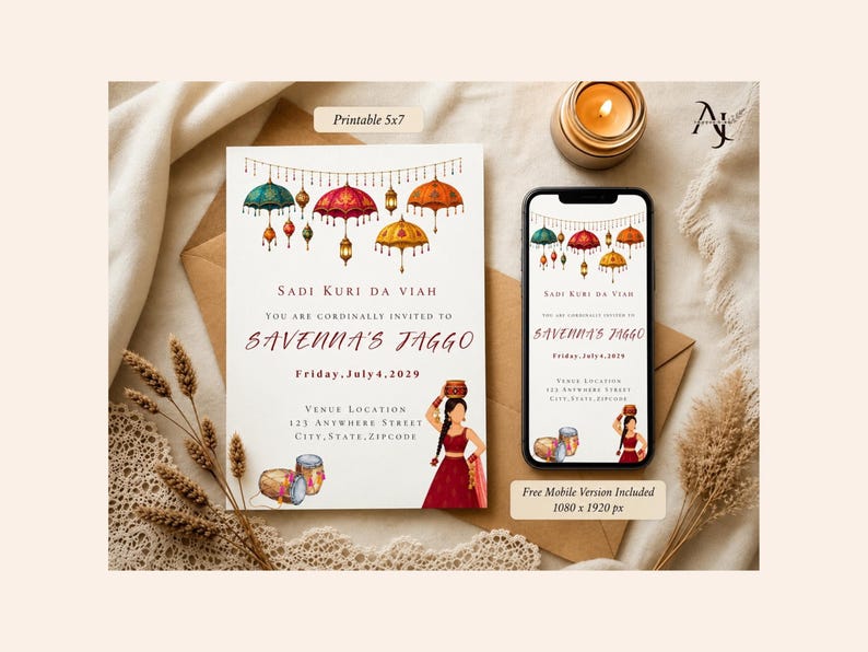 May include: A 5x7 invitation card and a smartphone displaying a digital invitation for Sadi Kuri Da Viah, Savenna's Jaggo on Friday, July 4, 2029. The design features colorful hanging umbrellas, lanterns, dhol drums, and an illustration of a person in a red outfit.