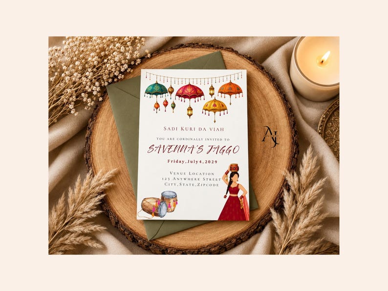 May include: A rectangular wedding invitation card featuring colorful hanging umbrellas and lanterns at the top, with text reading Sadi Kuri Da Viah, Savenna's Jaggo, Friday, July 4, 2029, and venue details, alongside illustrations of two drums and a person in a red dress.