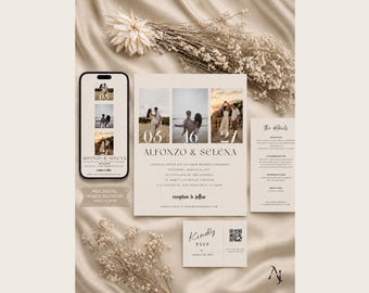 3 Picture Photo| Wedding Invite, Editable Canva Template With QR Code| Mobile version included