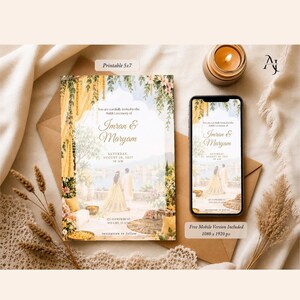 A 5x7 printable invitation and a mobile version displayed on a smartphone sit atop an envelope, dried wheat stalks, and lace fabric.