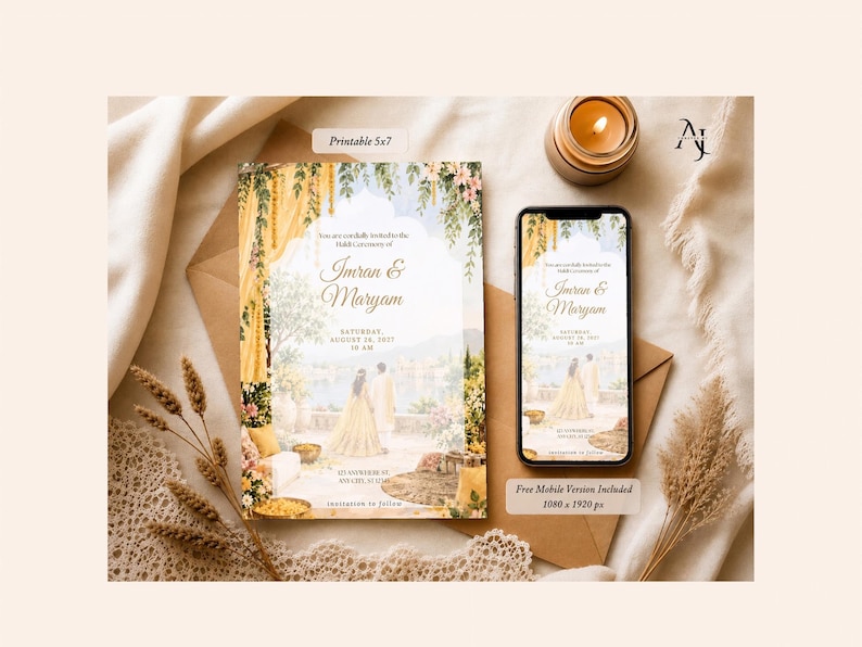 A 5x7 printable invitation and a mobile version displayed on a smartphone sit atop an envelope, dried wheat stalks, and lace fabric.