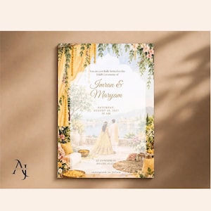 A close-up shot of the wedding invitation template on a solid beige background with soft natural shadow overlays.