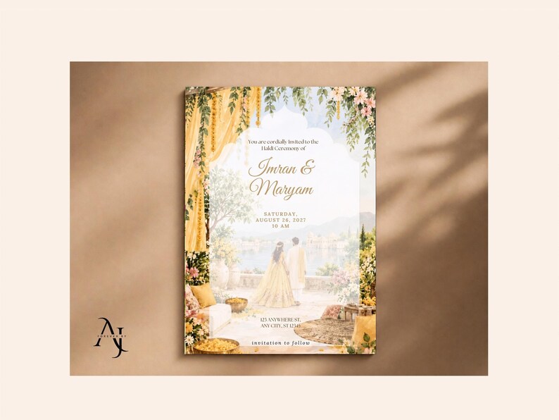 A close-up shot of the wedding invitation template on a solid beige background with soft natural shadow overlays.