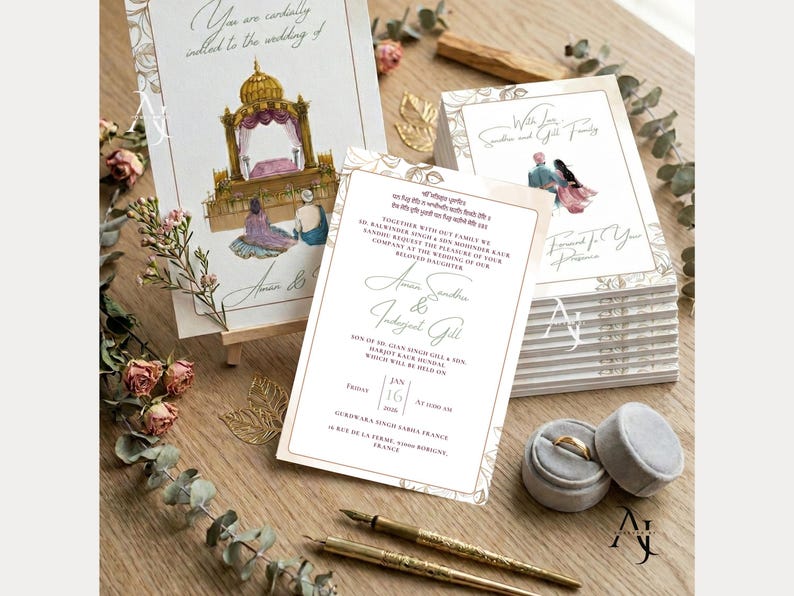 An assortment of wedding stationery cards rests on a wooden surface with two gold fountain pens, ring velvet boxes, and dried floral accents.