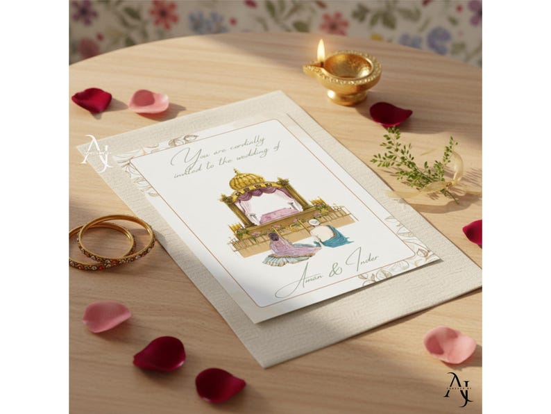 A wedding invitation card displaying an illustrated Sikh ceremony scene rests on a wooden table surrounded by rose petals, two gold bangles, and a lit oil lamp.