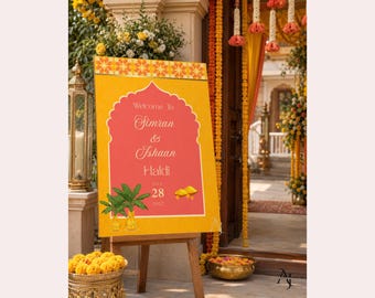 Scalloped Arch| Haldi Welcome Sign Template, 24x36 Canva Digital Download in Yellow And Coral