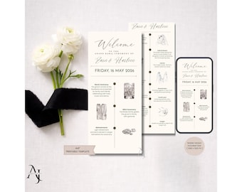 Modern Black and White| Sikh Wedding Program Template, Editable Anand Karaj Ceremony Guide|