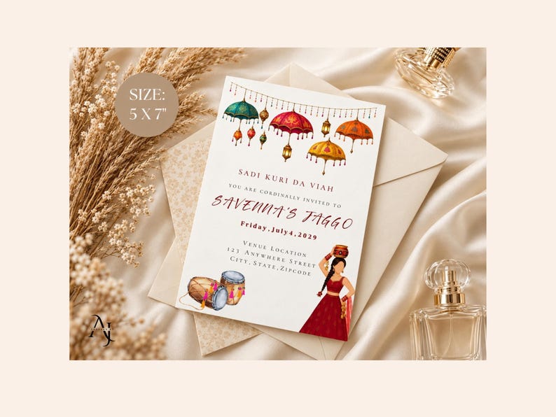 May include: A 5 x 7 inch invitation card featuring watercolor illustrations of hanging umbrellas, lanterns, and dhol drums. The text reads SADI KURI DA VIAH, YOU ARE CORDINALLY INVITED TO SAVENNA'S JAGGO, Friday, July 4, 2029, and venue location details.