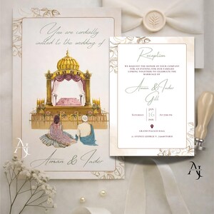 A wedding invitation card and a reception detail card with gold floral borders lie on a fabric background beside a wax seal and a stamp.