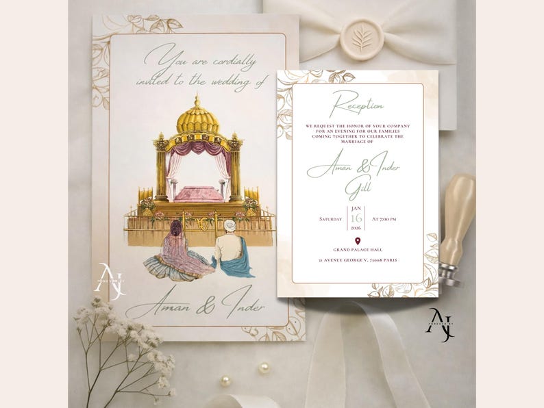 A wedding invitation card and a reception detail card with gold floral borders lie on a fabric background beside a wax seal and a stamp.