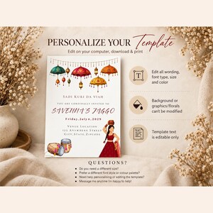 May include: A rectangular invitation template featuring colorful hanging umbrellas, drums, and a person in a red outfit. The text reads "PERSONALIZE YOUR TEMPLATE," "SADI KURI DA VIAH," "SAVENNA'S JAGGO," and includes editable fields for date, venue, and contact information.