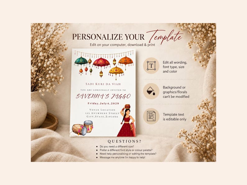 May include: A rectangular invitation template featuring colorful hanging umbrellas, drums, and a person in a red outfit. The text reads "PERSONALIZE YOUR TEMPLATE," "SADI KURI DA VIAH," "SAVENNA'S JAGGO," and includes editable fields for date, venue, and contact information.