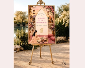 Mehndi Welcome Sign, Editable Floral Lantern Canva Template | Dholki Wedding Poster
