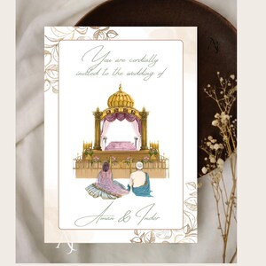 A single wedding invitation card with an ornate gold floral border and a traditional ceremony altar illustration rests on a dark brown plate.